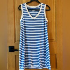 Pact Women’s Softspun A-line Sleeveless Striped Dress. Medium. Blue and white